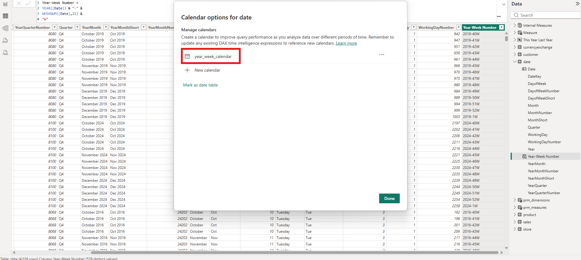 Calendar options showing year_week_calendar in the calendar list