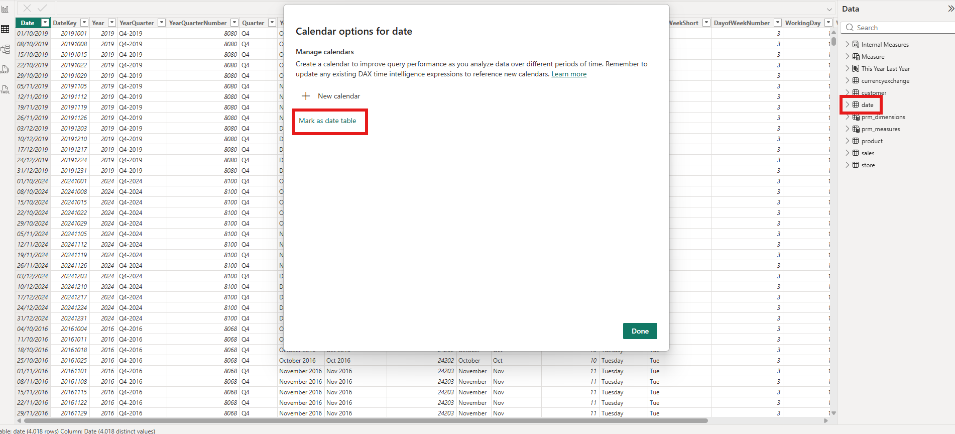 Calendar options dialog showing Mark as date table option