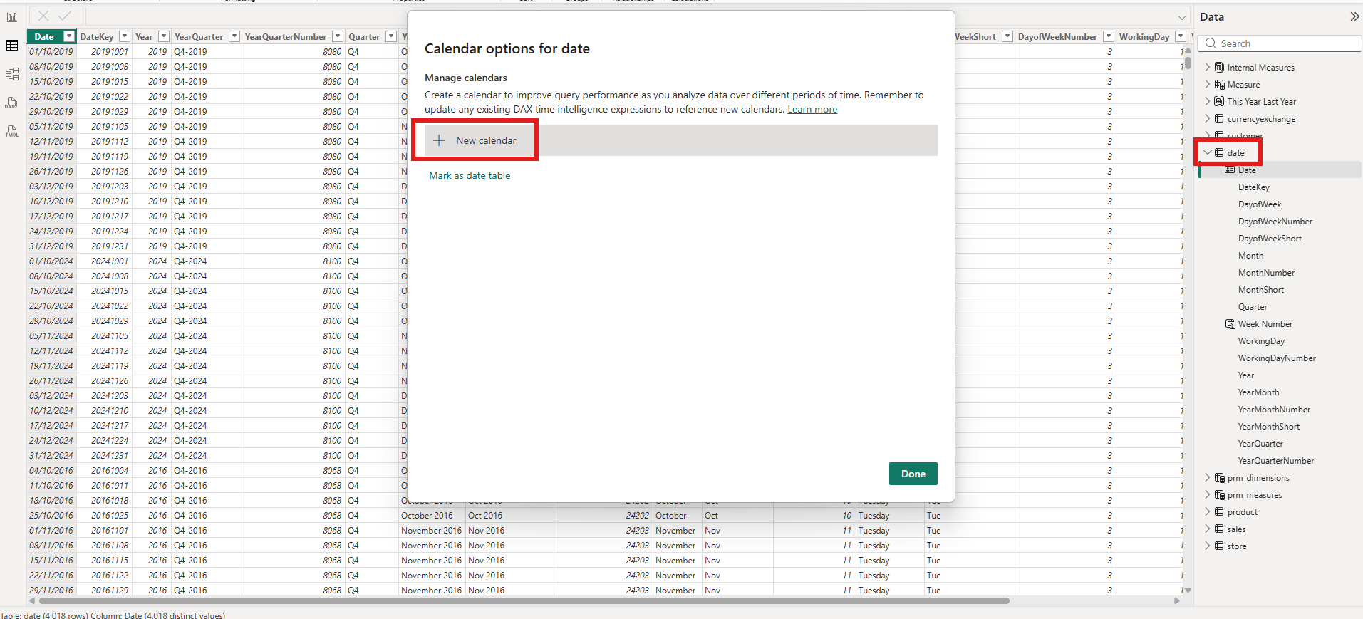 Calendar options dialog with New calendar button highlighted
