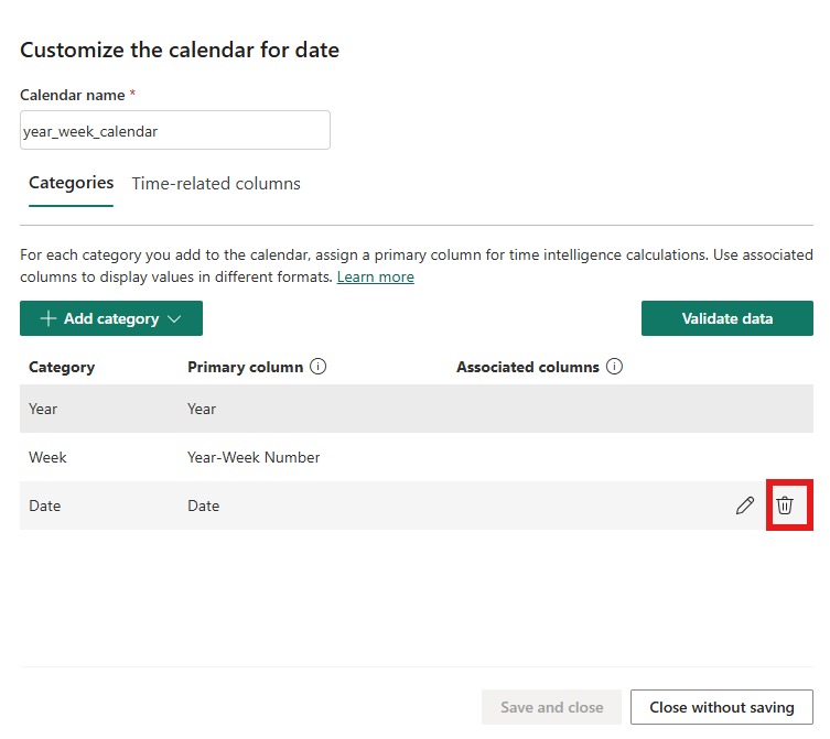 Customize calendar showing Year and Week categories with Date category being deleted