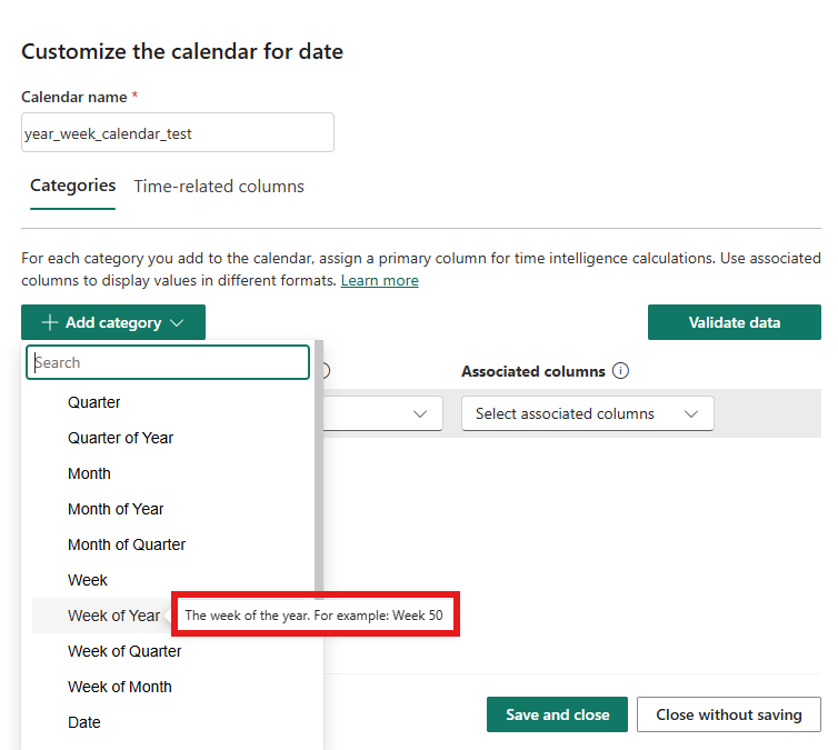 Week of Year category tooltip: The week of the year. For example: Week 50
