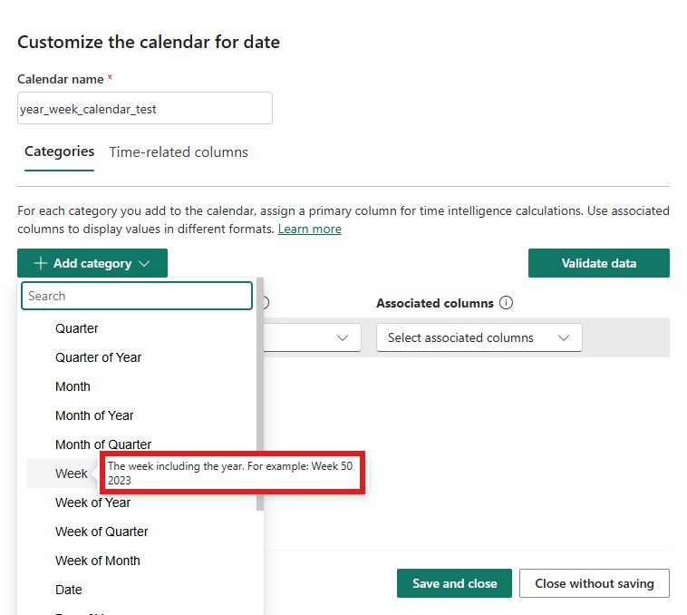 Week category tooltip: The week including the year. For example: Week 50 2023