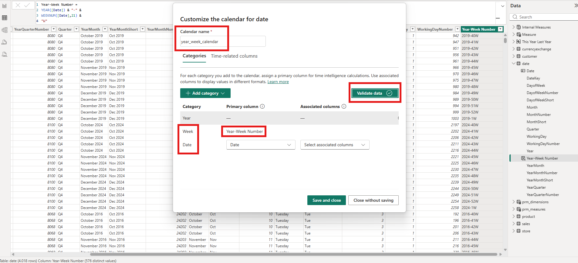 Customize calendar dialog showing year_week_calendar with Week and Date categories
