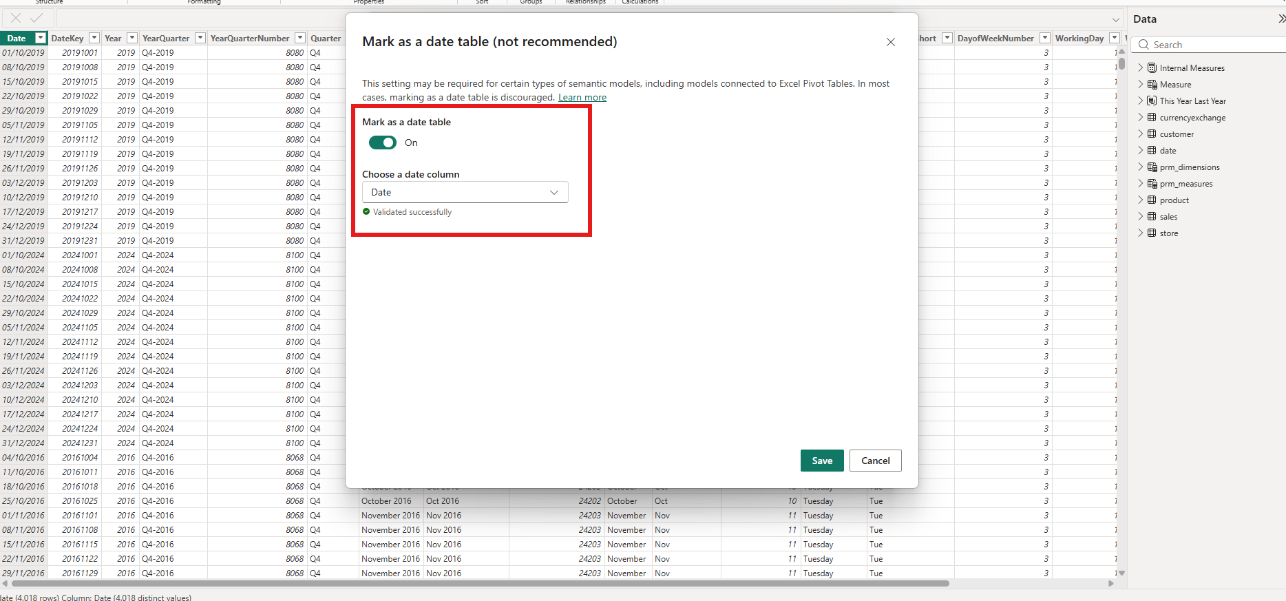 Mark as date table dialog with date column selection