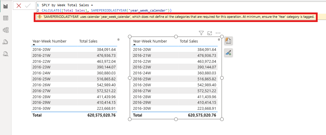 Warning: SAMEPERIODLASTYEAR uses calendar year_week_calendar which does not define all the categories that are required for this operation. At minimum, ensure the Year category is tagged.