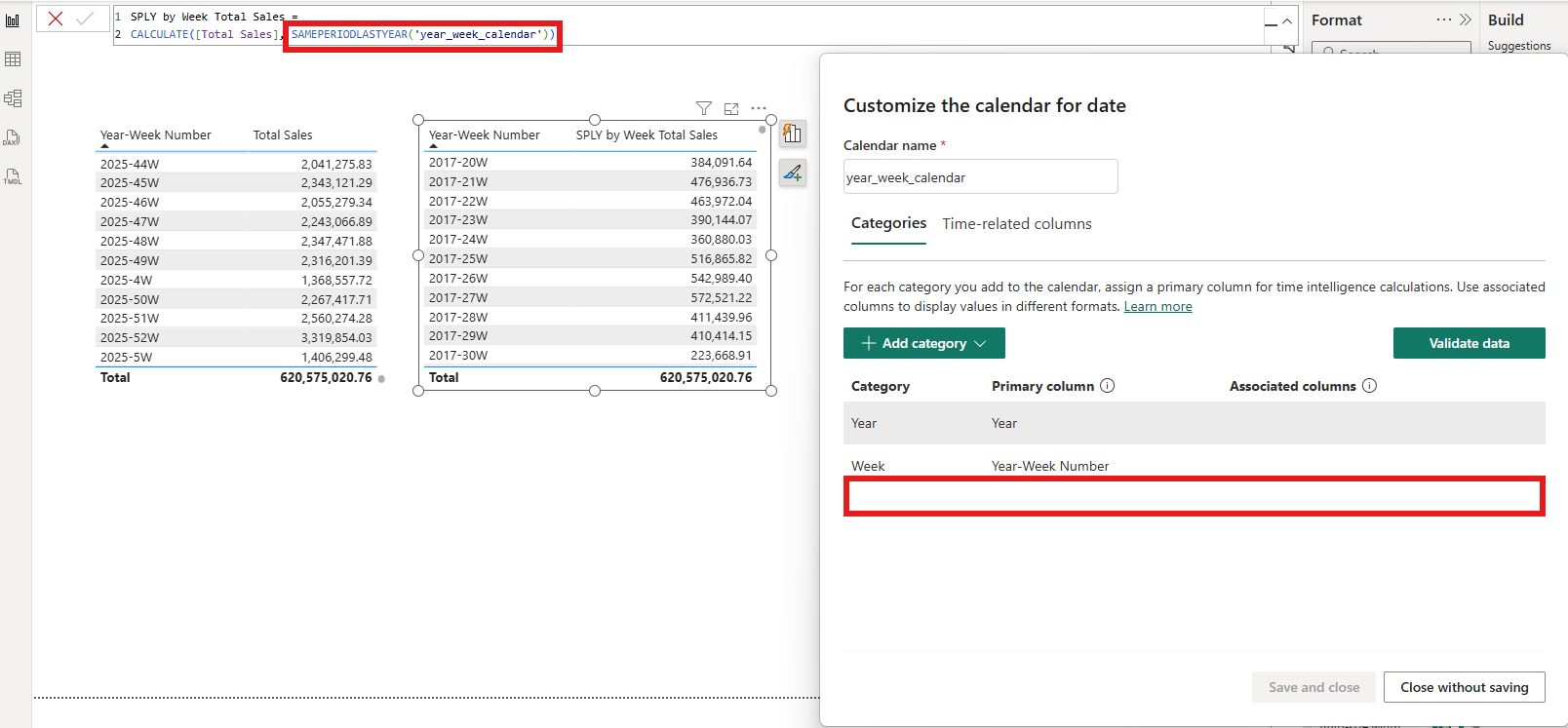 SAMEPERIODLASTYEAR still working correctly with only Year and Week categories, no Date