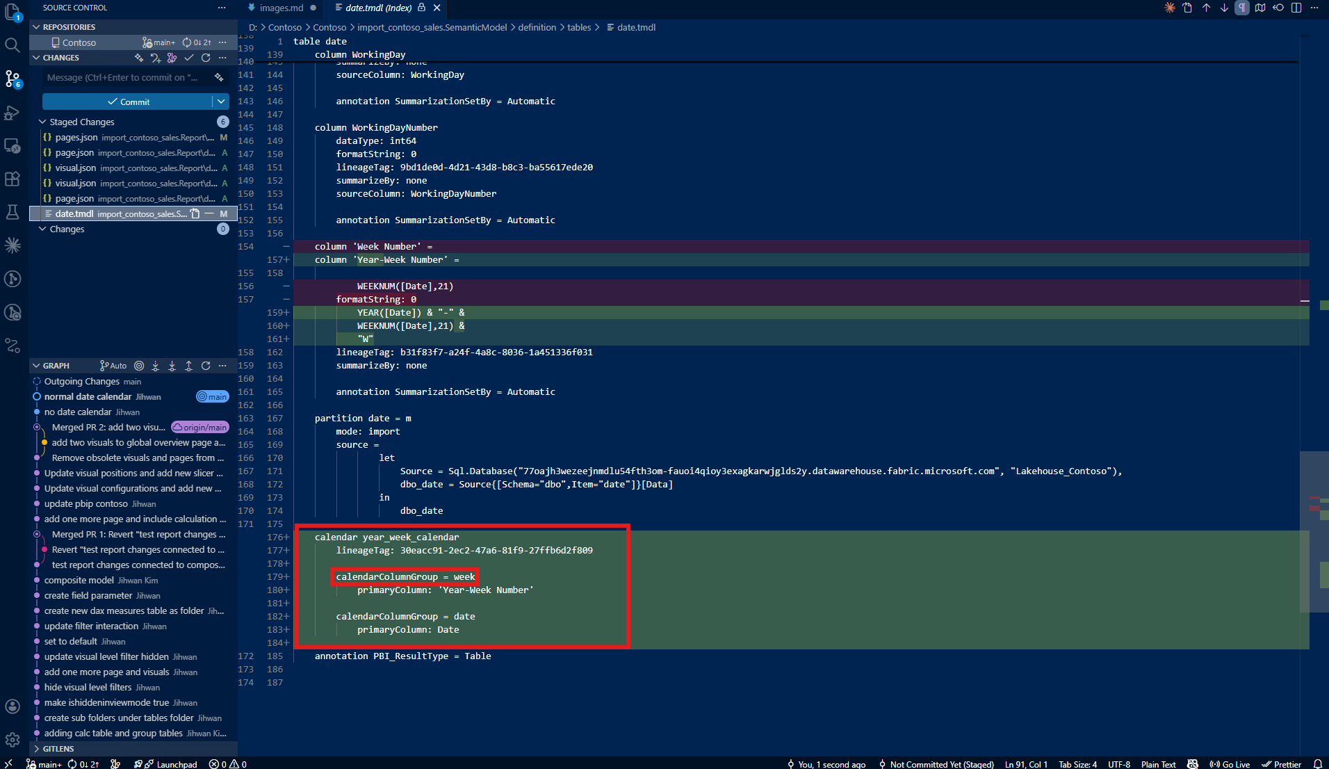 TMDL showing calendarCalendarGroup = week, with no Year category defined