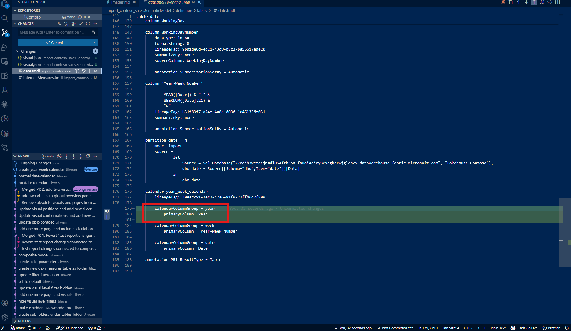 TMDL showing calendarCalendarGroup = year, with Year category properly defined
