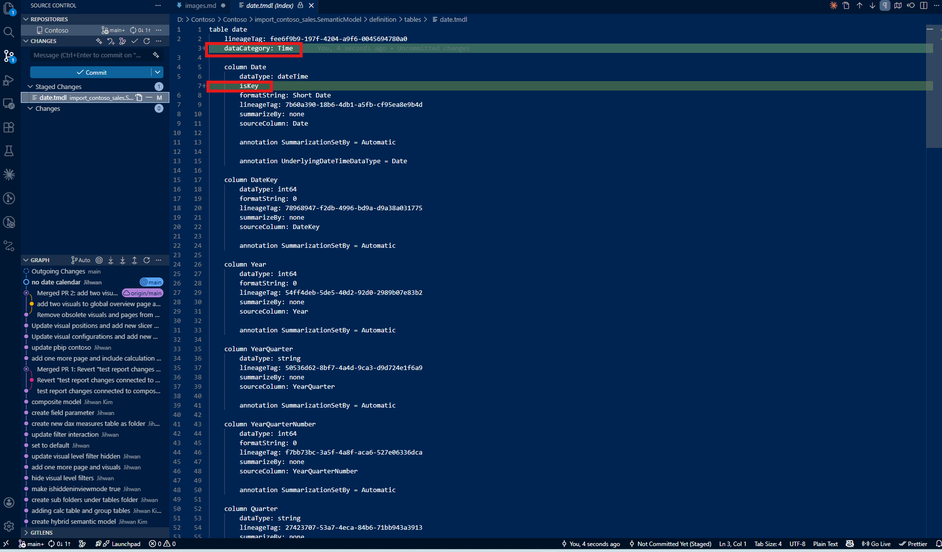 TMDL file showing dataCategory: Time annotation