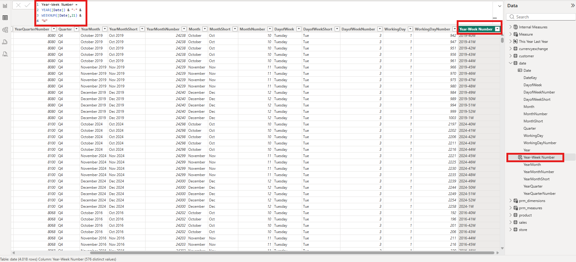 Date table showing Year-Week Number column with values like 2016-20W