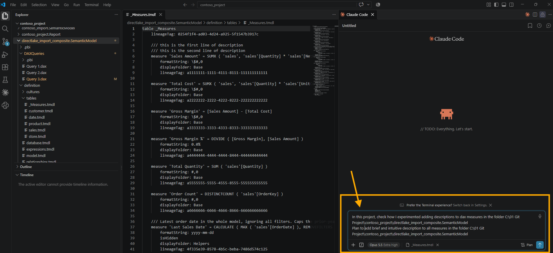 VS Code with _Measures.tmdl open next to a Claude Code panel whose prompt asks it to check how I experimented adding descriptions to DAX measures in the directlake_import_composite.SemanticModel folder and to plan brief and intuitive descriptions for all measures in that folder, with Plan mode selected