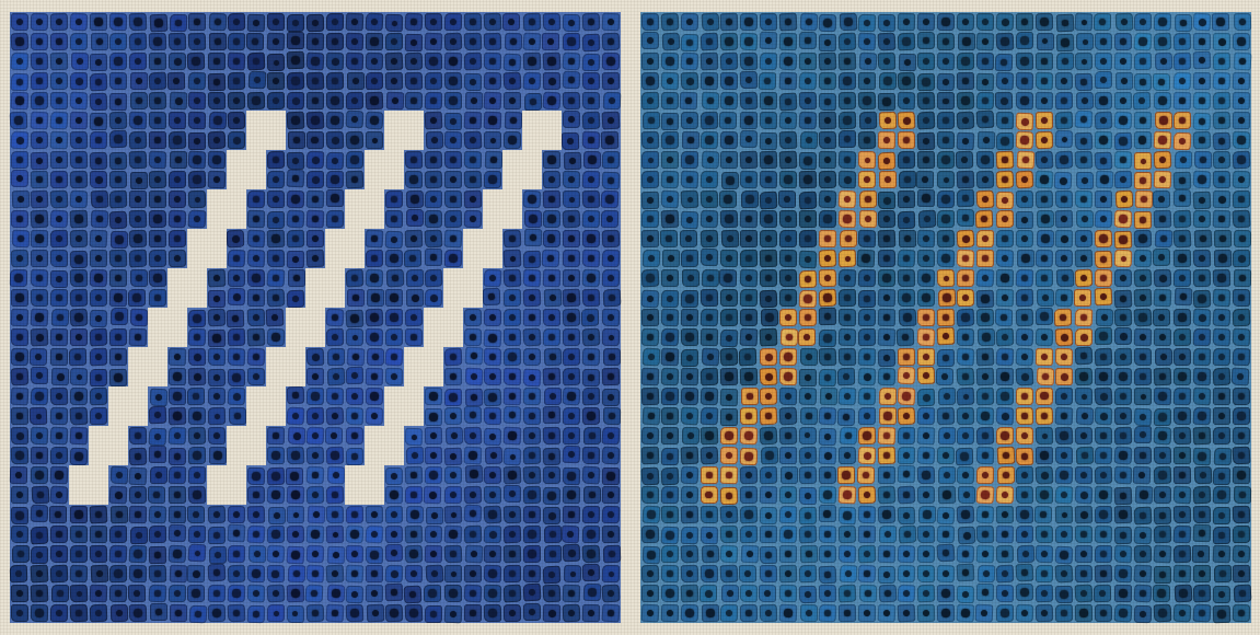 A mosaic illustration in two panels. On the left, three solid cream slashes cross a field of dark blue tiles. On the right, the same three slashes remain only as orange outlines on teal tiles, suggesting that the description three slashes wrote stays in the model after the slashes themselves are gone