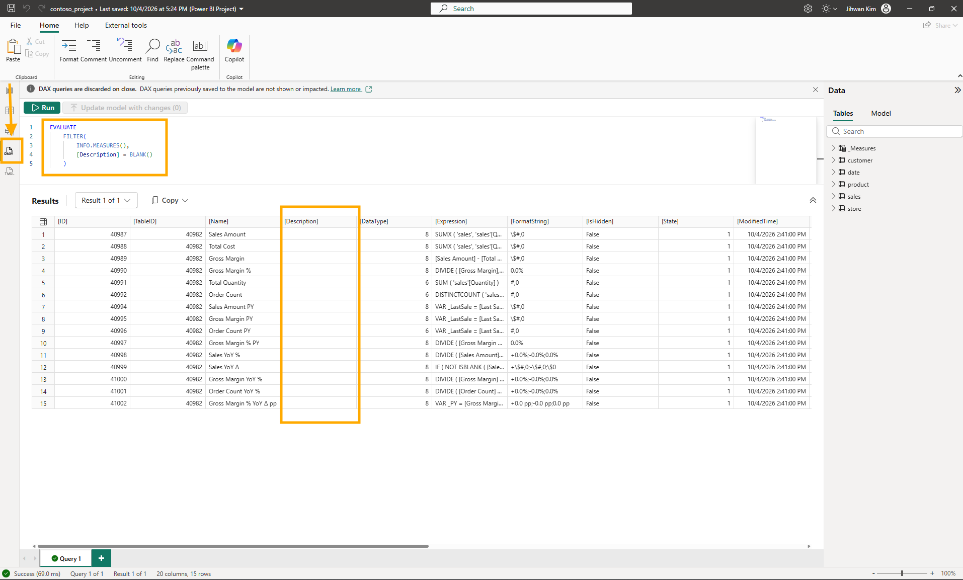 DAX query view in Power BI Desktop running the FILTER over INFO.MEASURES query, with the Description column highlighted and empty for all 15 returned rows, from Sales Amount and Total Cost down to the last of the YoY measures, and the status bar reading 20 columns, 15 rows