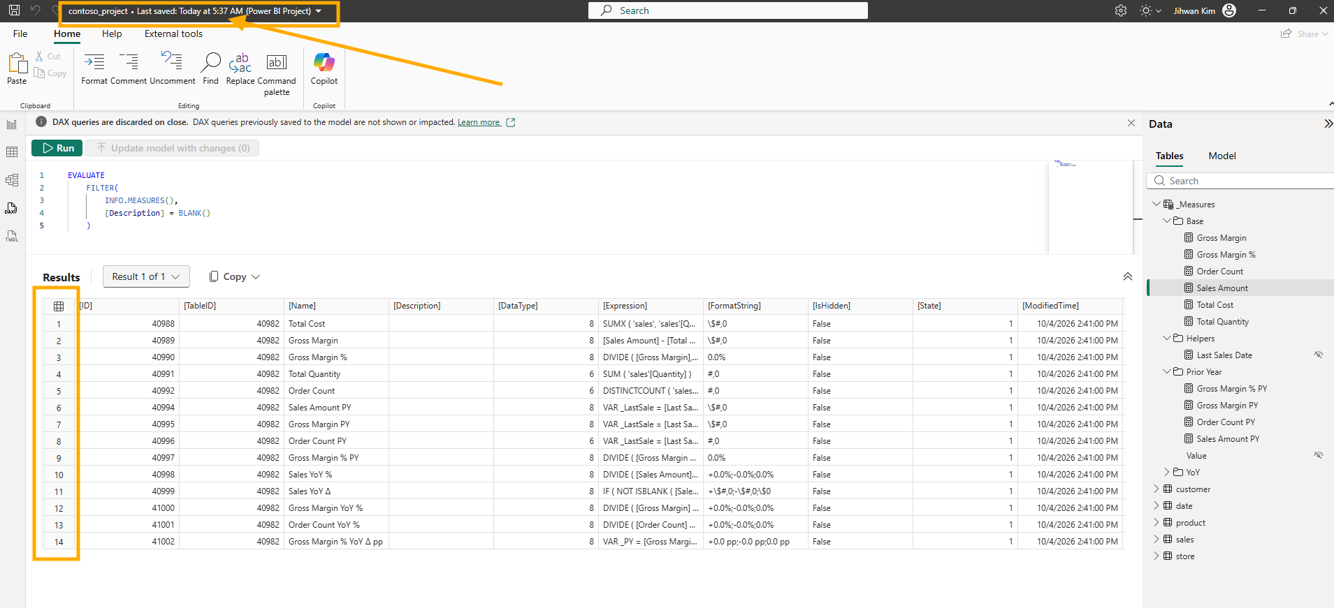 The same FILTER over INFO.MEASURES query run again, now returning 14 rows starting with Total Cost, with Sales Amount gone from the list and the Description column still empty for every row