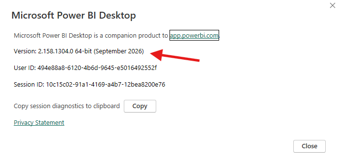 The About dialog of Microsoft Power BI Desktop showing Version: 2.158.1304.0 64-bit (September 2026), with a red arrow pointing at the version line