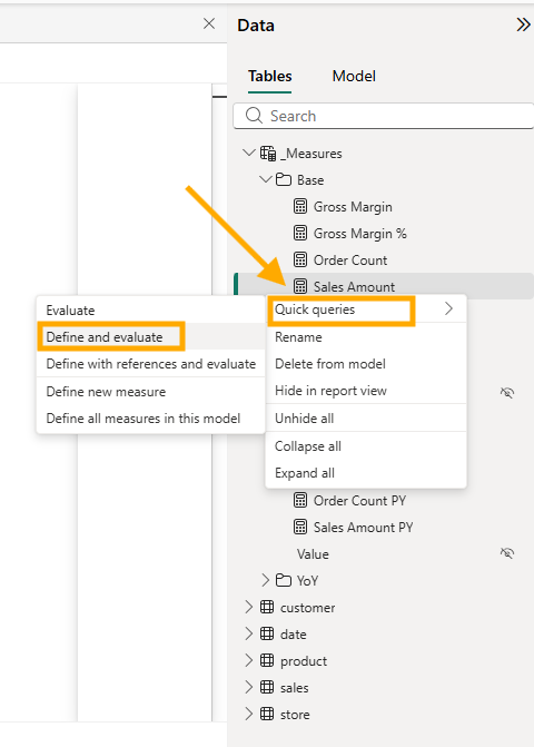 The Data pane with the _Measures table and its Base folder expanded, the context menu of the Sales Amount measure open on Quick queries, and the submenu with Define and evaluate highlighted