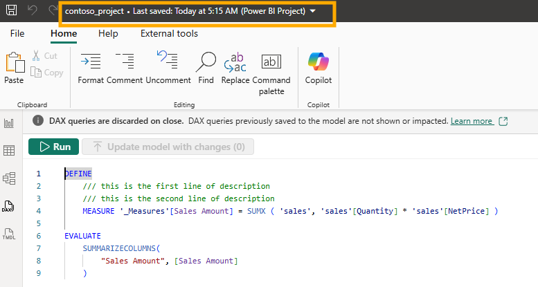 The Power BI Desktop title bar reading contoso_project, Last saved: Today at 5:15 AM (Power BI Project), above DAX query view with the two description lines still in the query and the Update model with changes (0) button greyed out