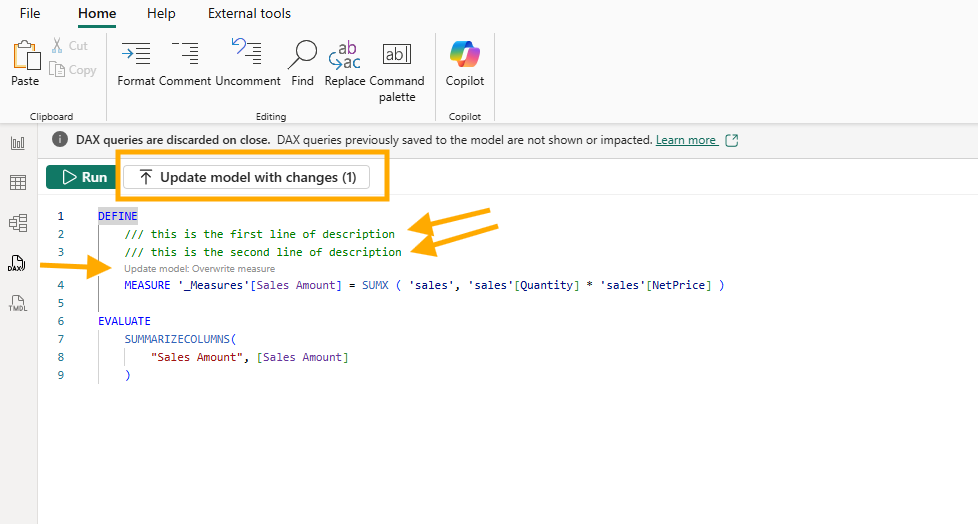 DAX query view with a DEFINE block holding two new lines, this is the first line of description and this is the second line of description, each starting with three slashes, the CodeLens text Update model: Overwrite measure above the unchanged Sales Amount formula, and the Update model with changes (1) button highlighted