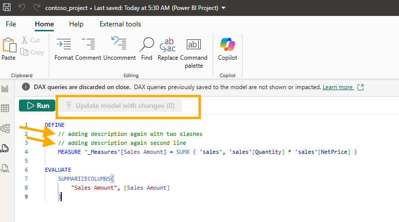 DAX query view with two comment lines starting with two slashes, adding description again with two slashes and adding description again second line, above the Sales Amount measure, and the Update model with changes (0) button greyed out and highlighted