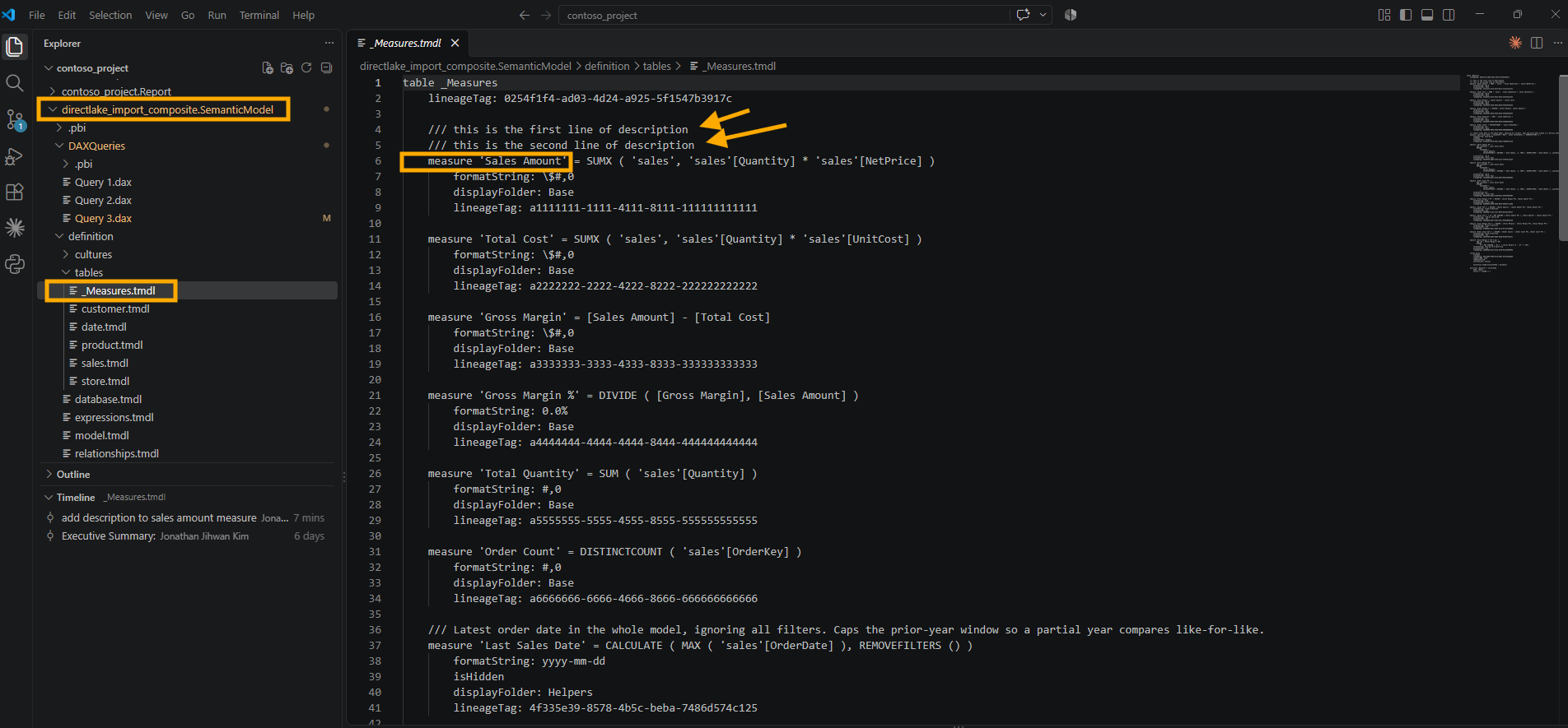 _Measures.tmdl open in VS Code with the two description lines still above measure Sales Amount on lines 4 and 5, the Last Sales Date measure further down with its own description line, and the Timeline panel showing the commit add description to sales amount measure