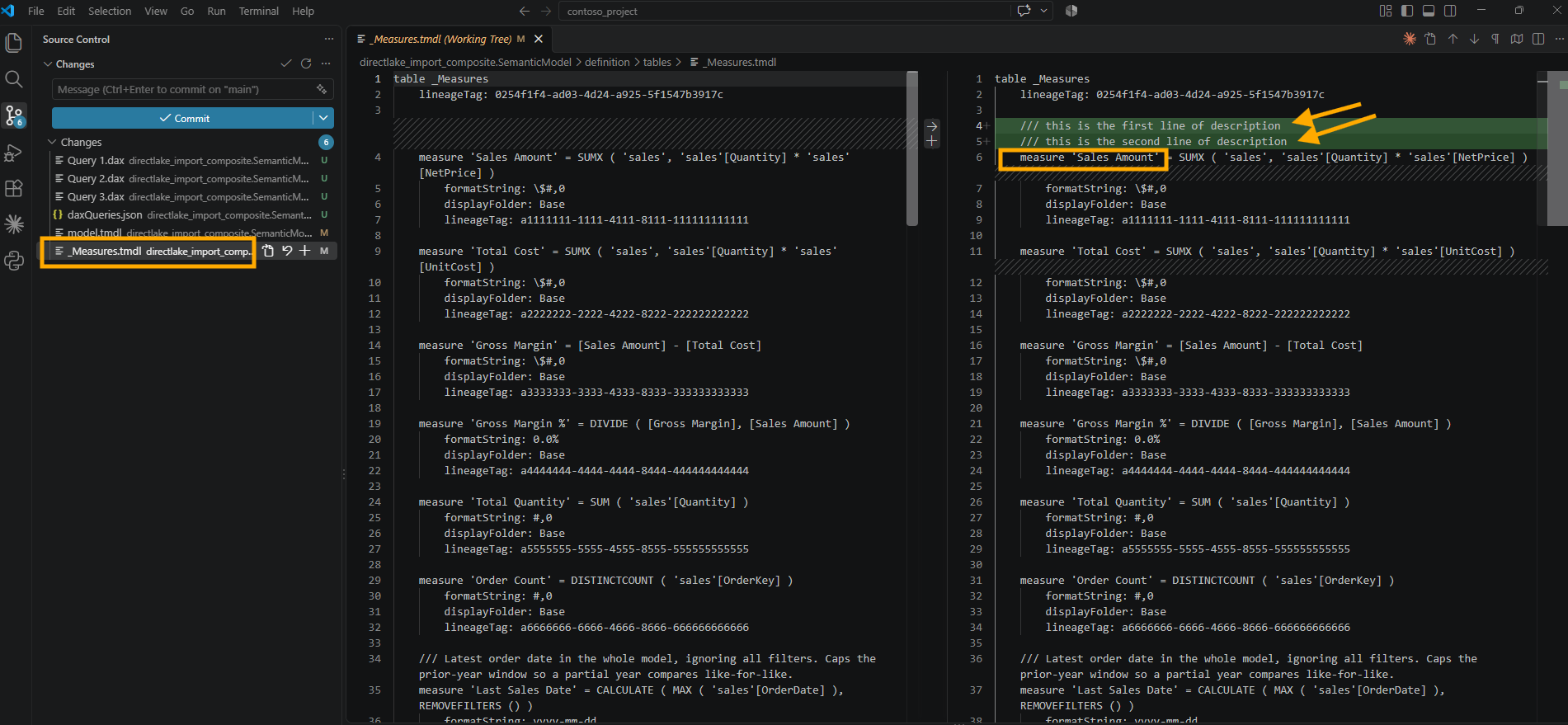 The _Measures.tmdl diff in VS Code with two added lines, this is the first line of description and this is the second line of description, highlighted in green and marked with orange arrows directly above measure 'Sales Amount', which is boxed in orange