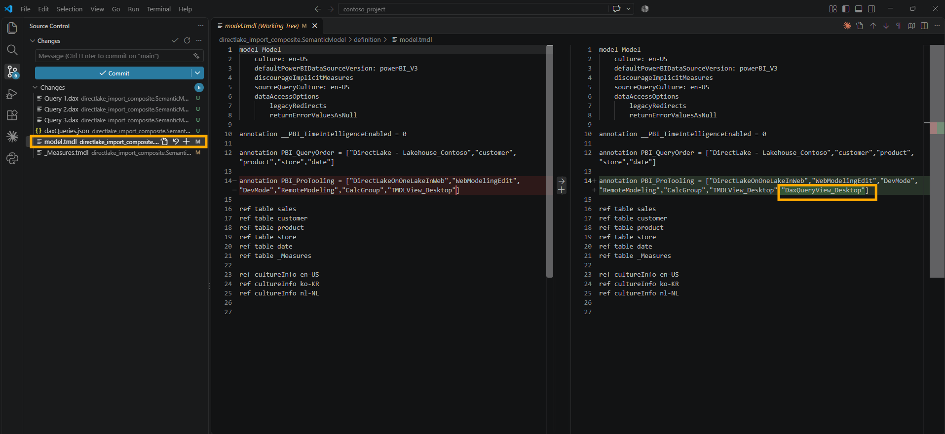 The model.tmdl diff in VS Code where line 14, the PBI_ProTooling annotation listing DirectLakeOnOneLakeInWeb, WebModelingEdit, DevMode, RemoteModeling, CalcGroup, and TMDLView_Desktop, gains one more value at the end, DaxQueryView_Desktop, highlighted in orange