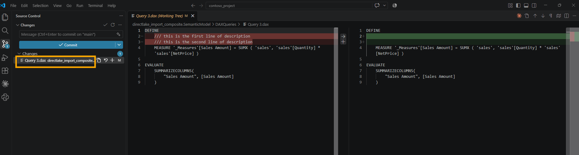 The VS Code Source Control pane with a single change, Query 3.dax marked M, and its diff showing the two description lines removed on the left and two empty lines on the right