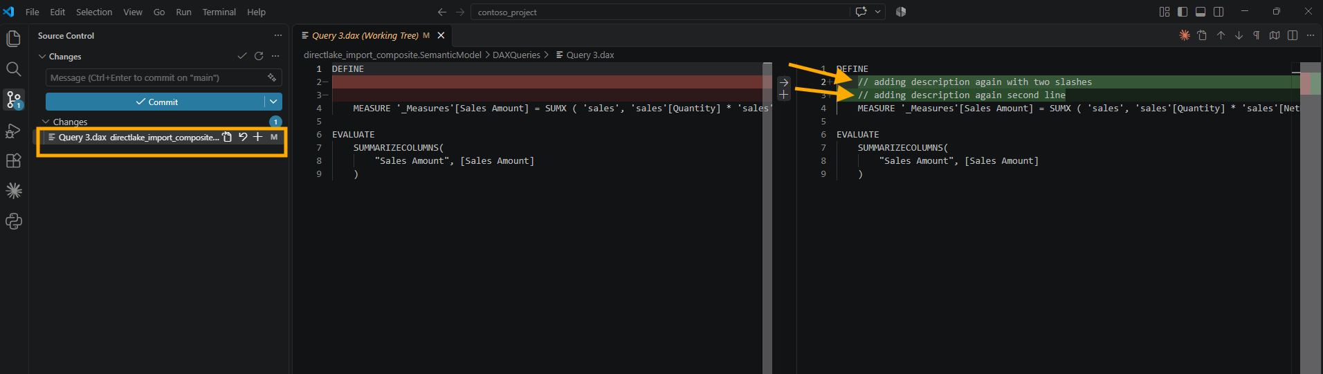 The VS Code Source Control pane with only Query 3.dax changed, and its diff showing two empty lines on the left replaced by the two comment lines starting with two slashes on the right