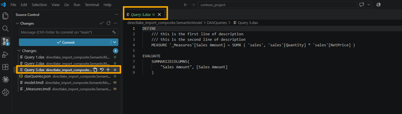 The VS Code Source Control pane with six changes: Query 1.dax, Query 2.dax, Query 3.dax, and daxQueries.json marked U, and model.tmdl and _Measures.tmdl marked M, with Query 3.dax open from the DAXQueries folder showing the same DEFINE block and two description lines