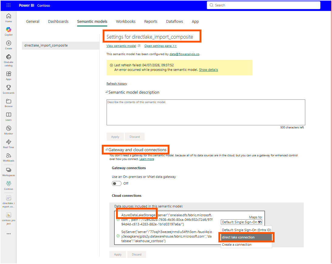 The semantic model settings page with the Gateway and cloud connections section open and the AzureDataLakeStorage source being mapped to a named direct lake connection