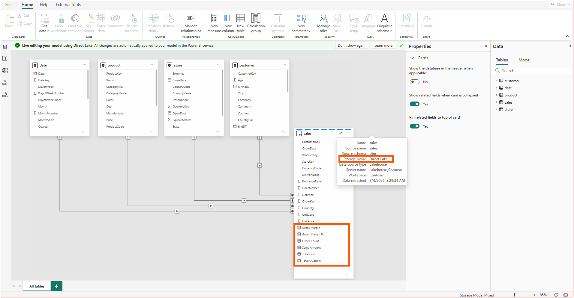 Power BI Desktop model view with the sales table tooltip showing Storage mode Direct Lake and the six measures highlighted