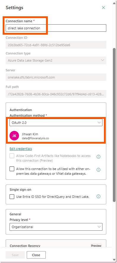 The cloud connection settings showing Azure Data Lake Storage Gen2, OAuth 2.0 authentication as Jihwan Kim, and single sign-on disabled