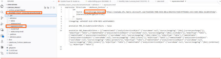 The expressions.tmdl file open in VS Code, with the AzureStorage.DataLake connector highlighted in the DirectLake - Lakehouse_Contoso shared expression