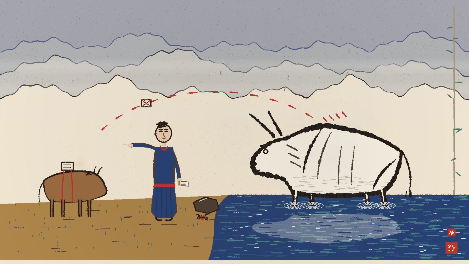 A folk-art illustration of a person on the shore tossing a note that arcs away from a large white ox standing in a lake and lands on a small brown ox on dry land, suggesting a calculated column that cannot attach to a Direct Lake table and goes to an import table instead