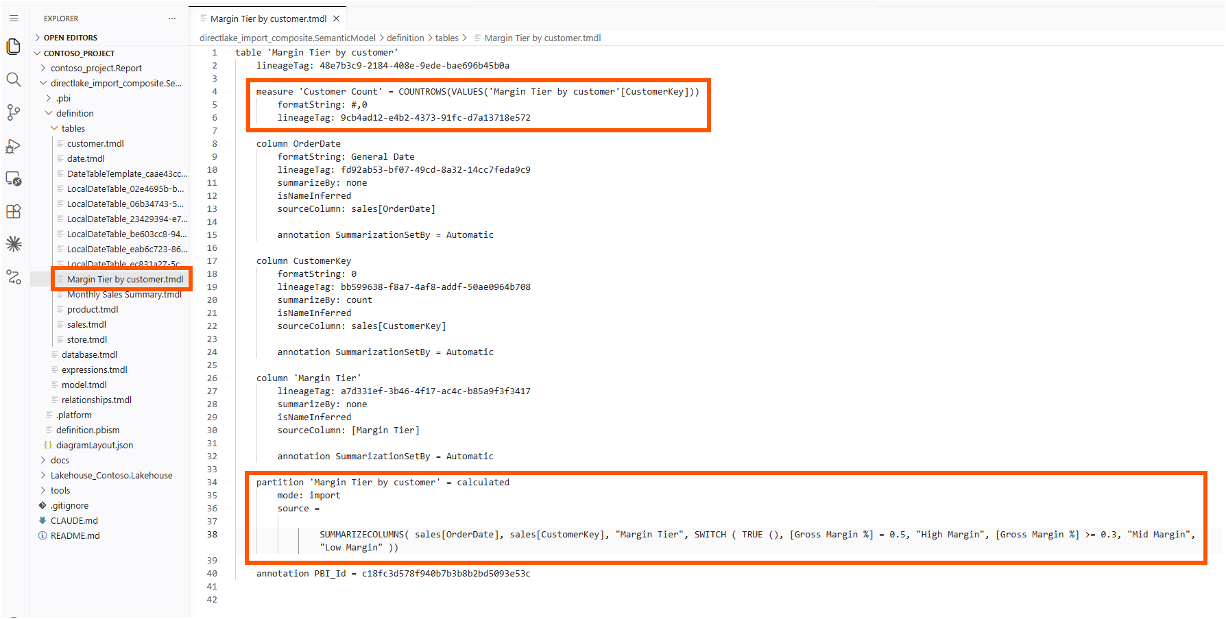 The Margin Tier by customer.tmdl file open in VS Code, with the Customer Count measure and the calculated partition highlighted, showing mode import and the SUMMARIZECOLUMNS expression grouping by sales OrderDate and CustomerKey