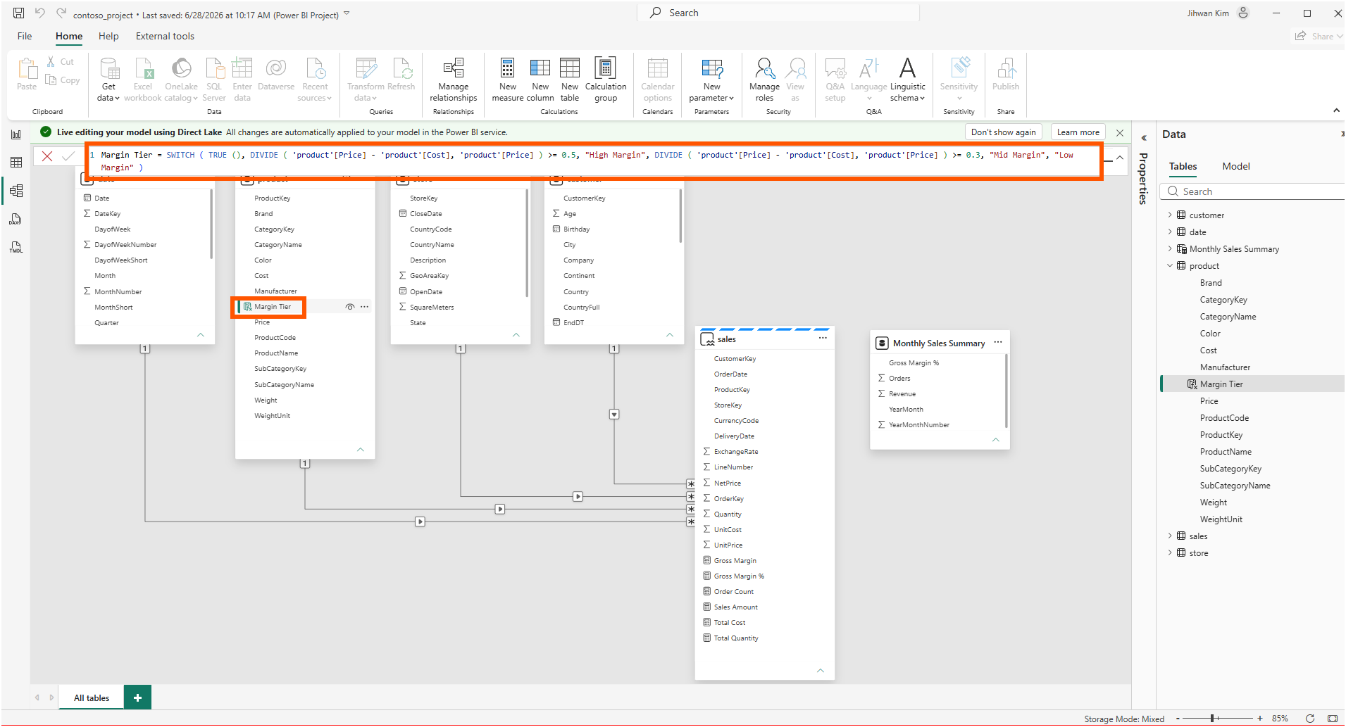Power BI Desktop showing the Margin Tier calculated column created in the product table with a SWITCH expression