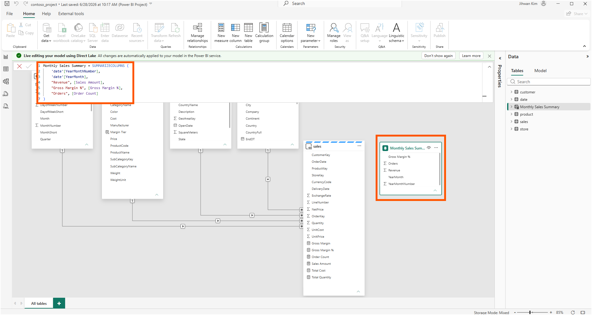 Power BI Desktop showing the Monthly Sales Summary calculated table DAX built with SUMMARIZECOLUMNS over date columns and three measures
