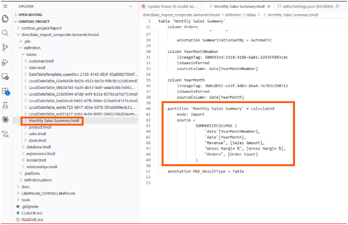 The Monthly Sales Summary.tmdl file open in VS Code, with the calculated partition highlighted showing mode import and the SUMMARIZECOLUMNS expression