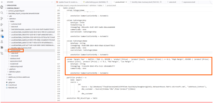 The product.tmdl file open in VS Code, with the Margin Tier calculated column highlighted above the import-mode partition