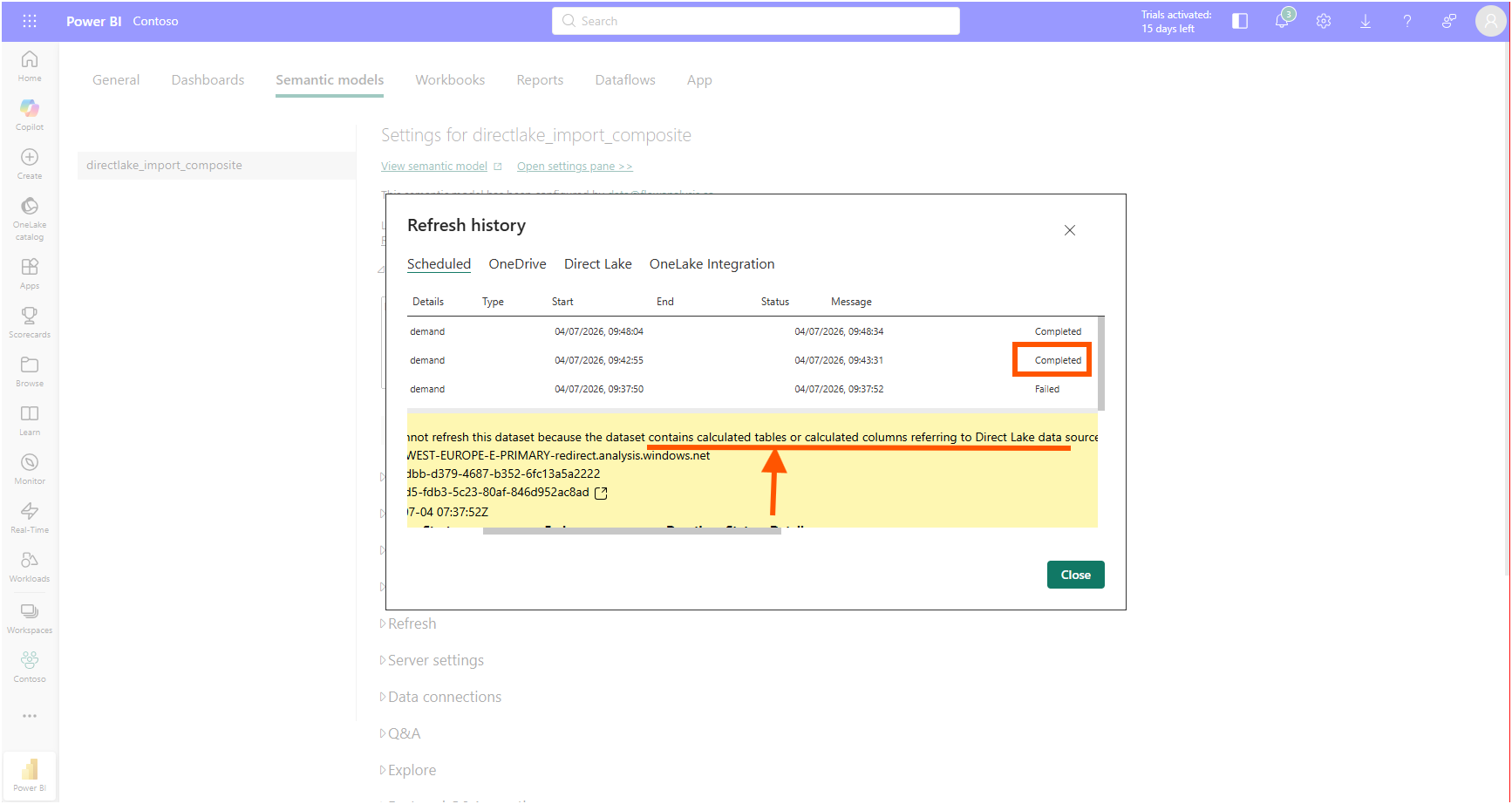 The refresh history dialog showing a failed on-demand refresh followed by two completed refreshes after the connection change