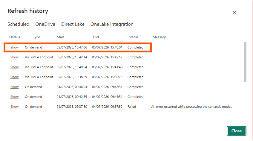 The refresh history dialog showing a completed on-demand refresh after the workspace sync, following earlier entries via the XMLA endpoint