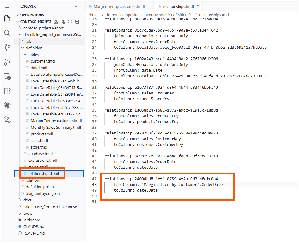The relationships.tmdl file open in VS Code, with the new relationship from the Margin Tier by customer OrderDate column to date.Date highlighted