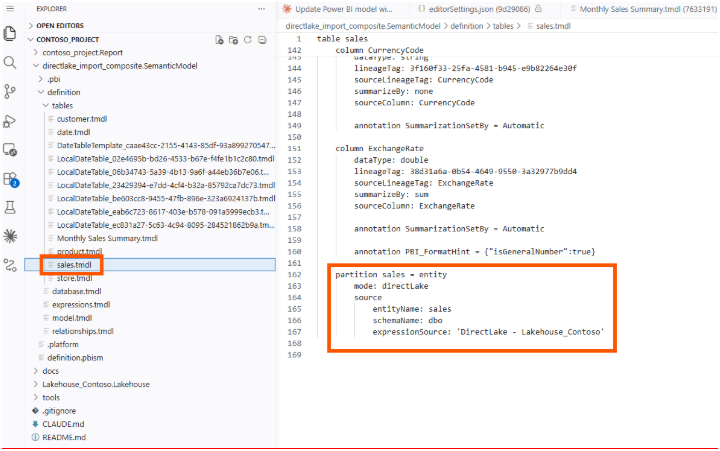 The sales.tmdl file open in VS Code, with the partition highlighted showing mode directLake and the expressionSource DirectLake - Lakehouse_Contoso