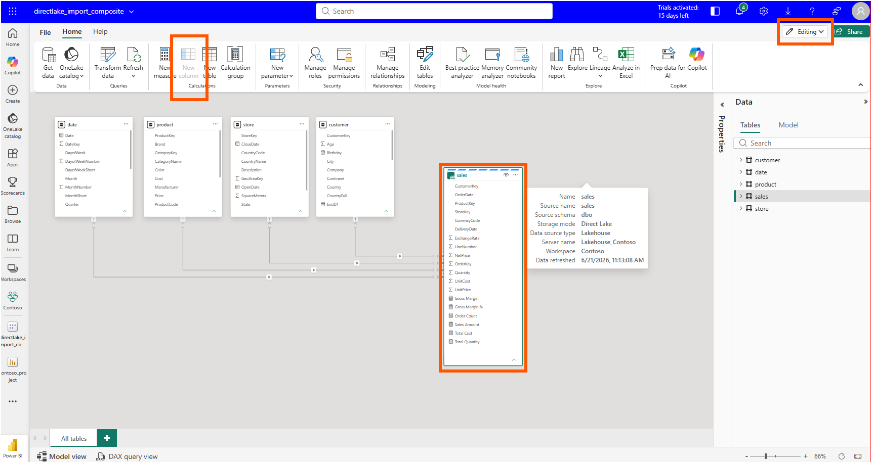 Power BI service web modeling with the sales table selected, the New column ribbon button greyed out, and the Properties tooltip showing Storage mode Direct Lake
