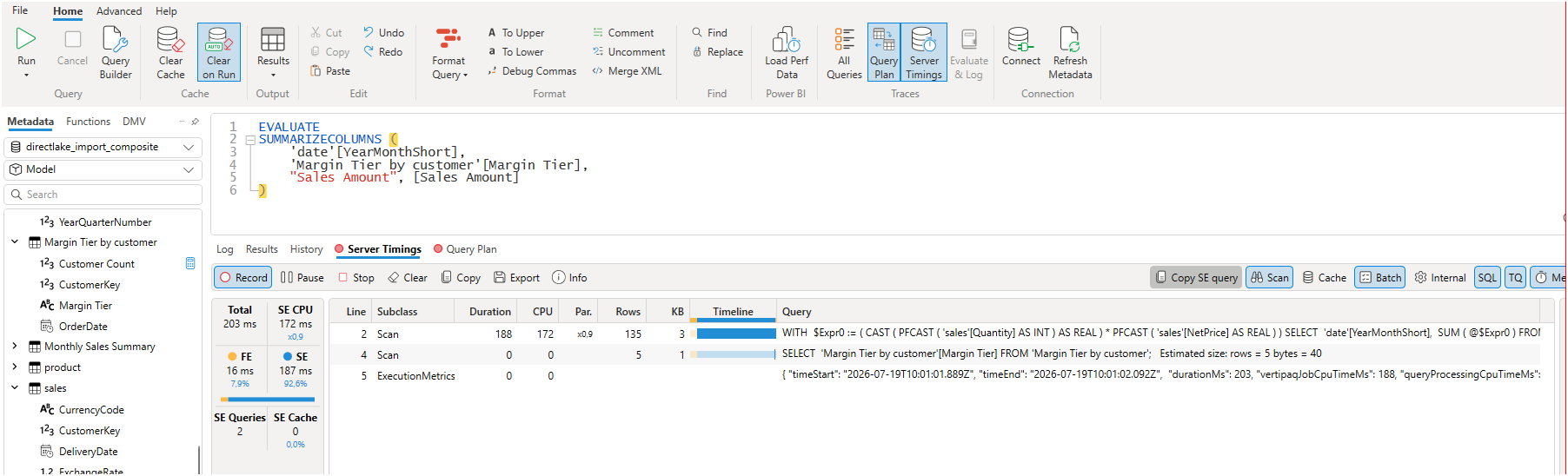 DAX Studio server timings for the composite model with the Direct Lake fact table, first run, 203 ms total
