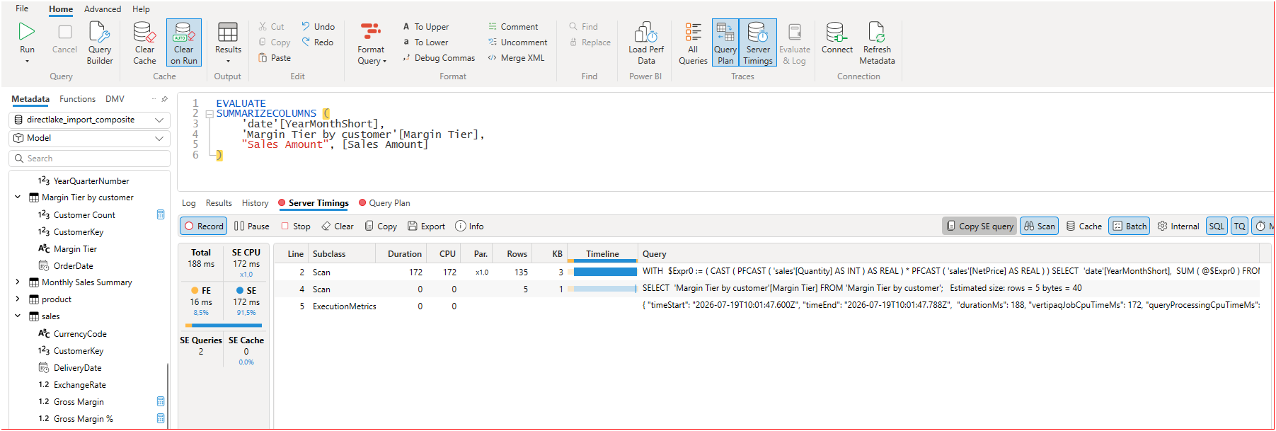 DAX Studio server timings for the composite model with the Direct Lake fact table, second run, 188 ms total