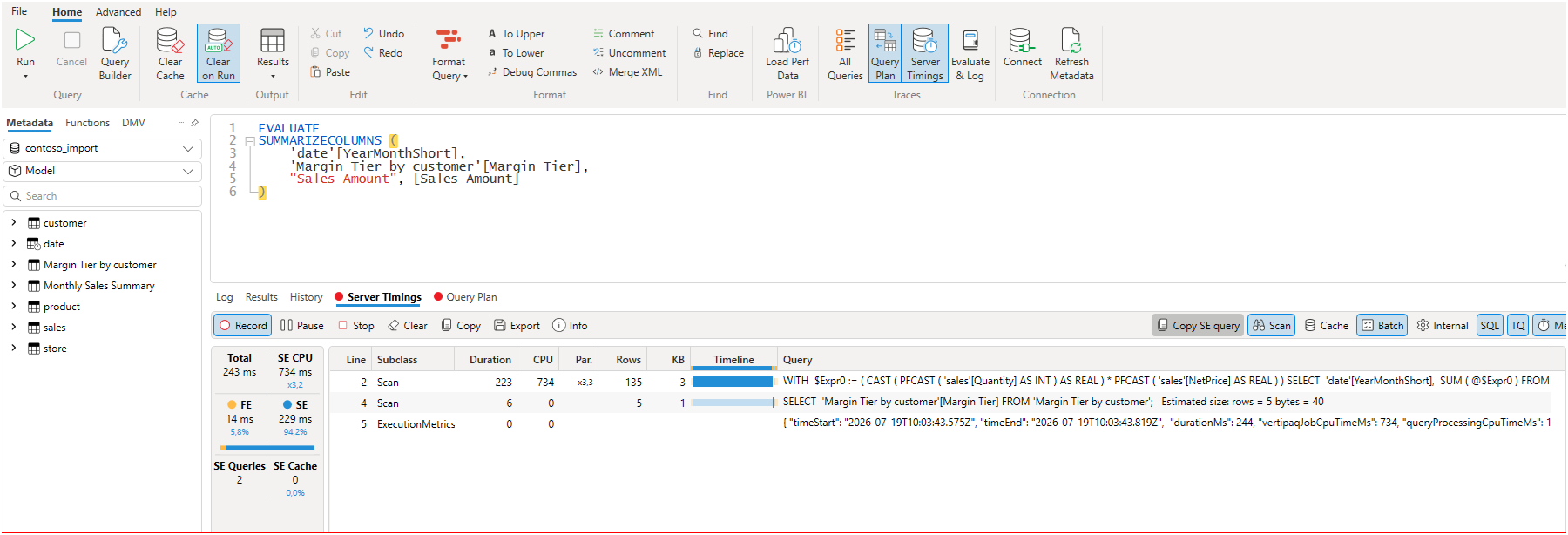 DAX Studio server timings for the import twin, first run, 243 ms total