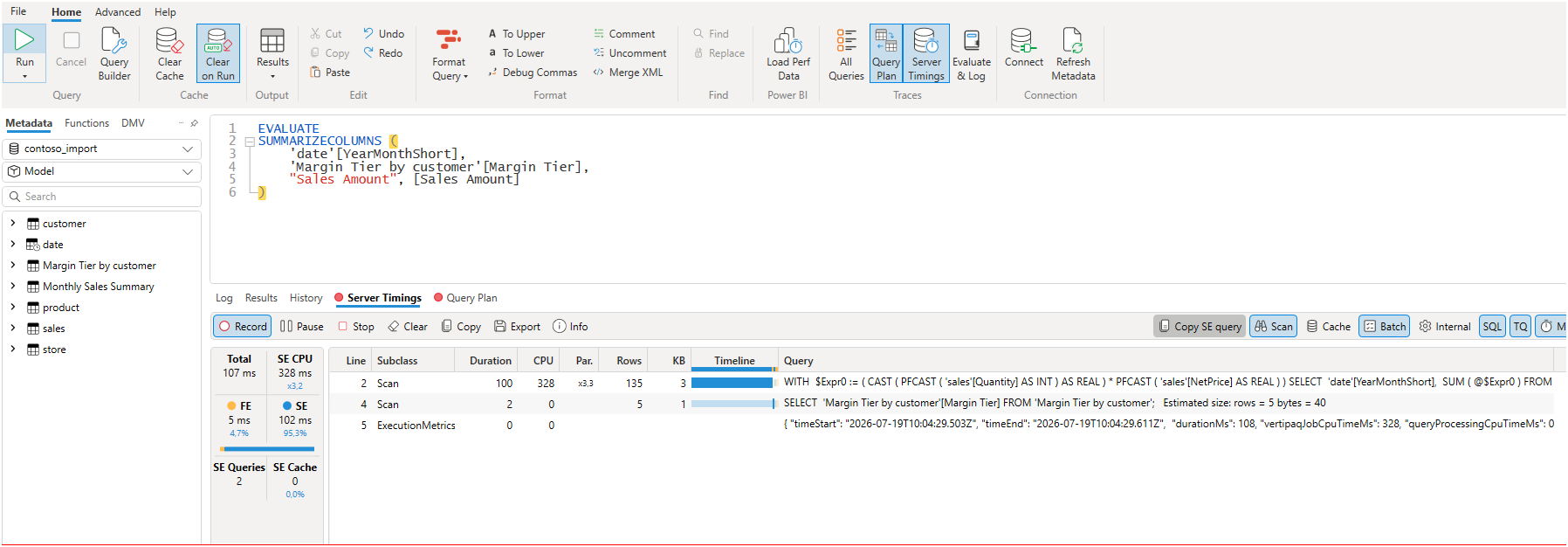 DAX Studio server timings for the import twin, second run, 107 ms total