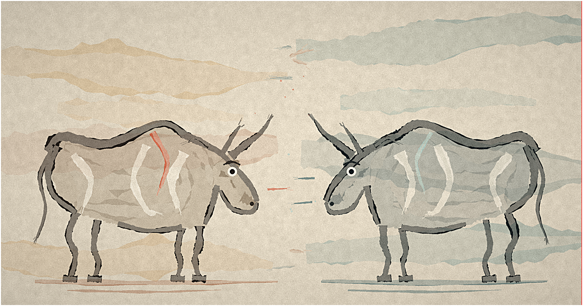 A folk-art illustration of two nearly identical oxen facing each other on a parchment background, one warm-toned with a red stripe and one cool-toned with a teal stripe, suggesting the same semantic model built twice in two storage modes