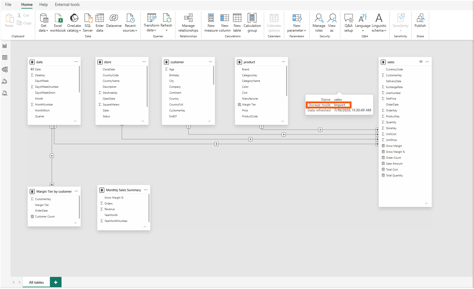 Model view of the import twin with the sales table properties showing Storage mode Import
